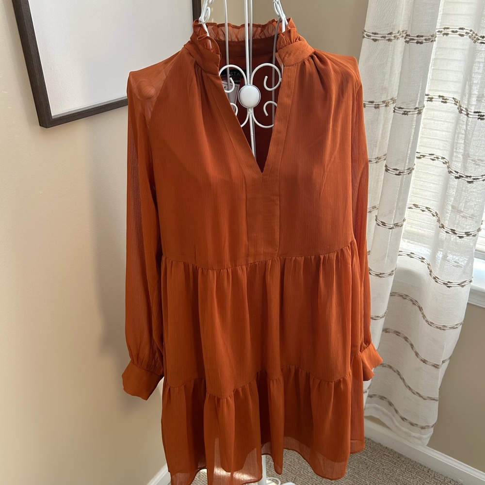 1 State Tiered Chiffon Babydoll Dress Pumpkin Spice small